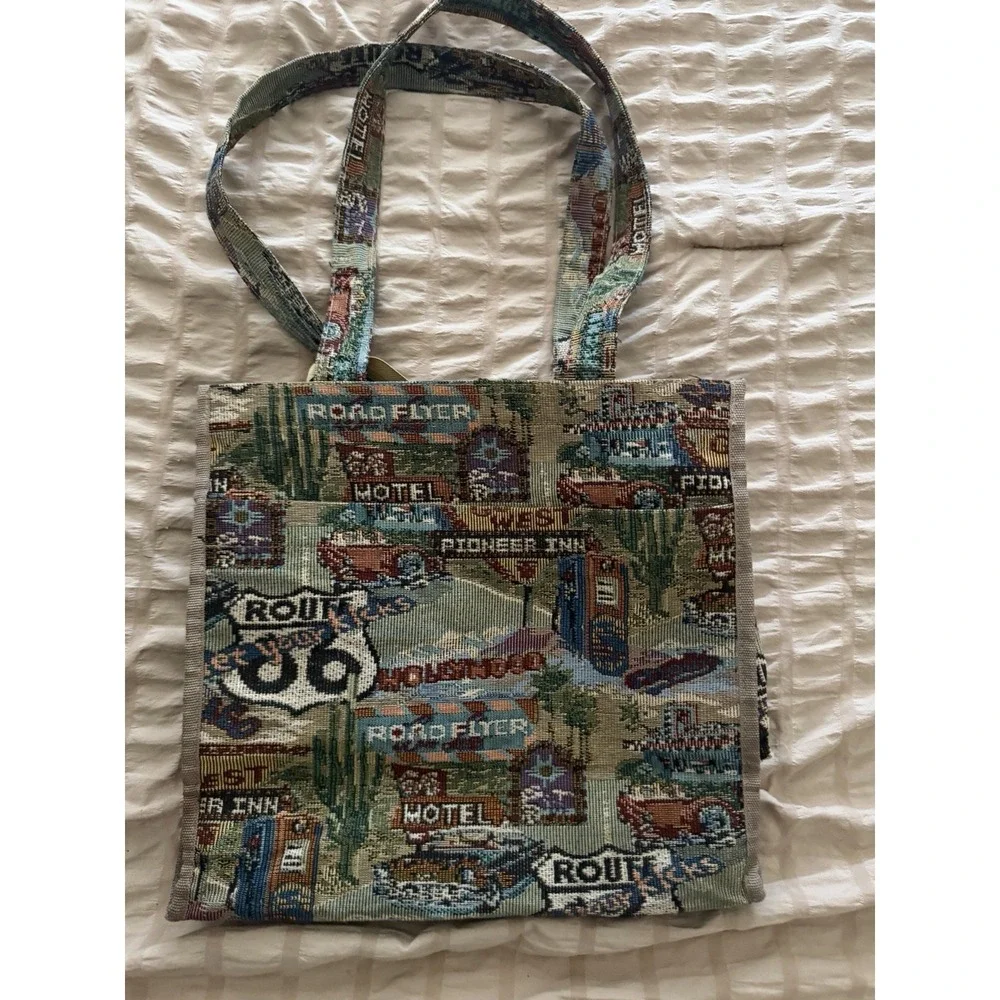 Vintage‎ Tapestry Carpet Purse Bag Route 66 Jade 12X12 Zip Pockets